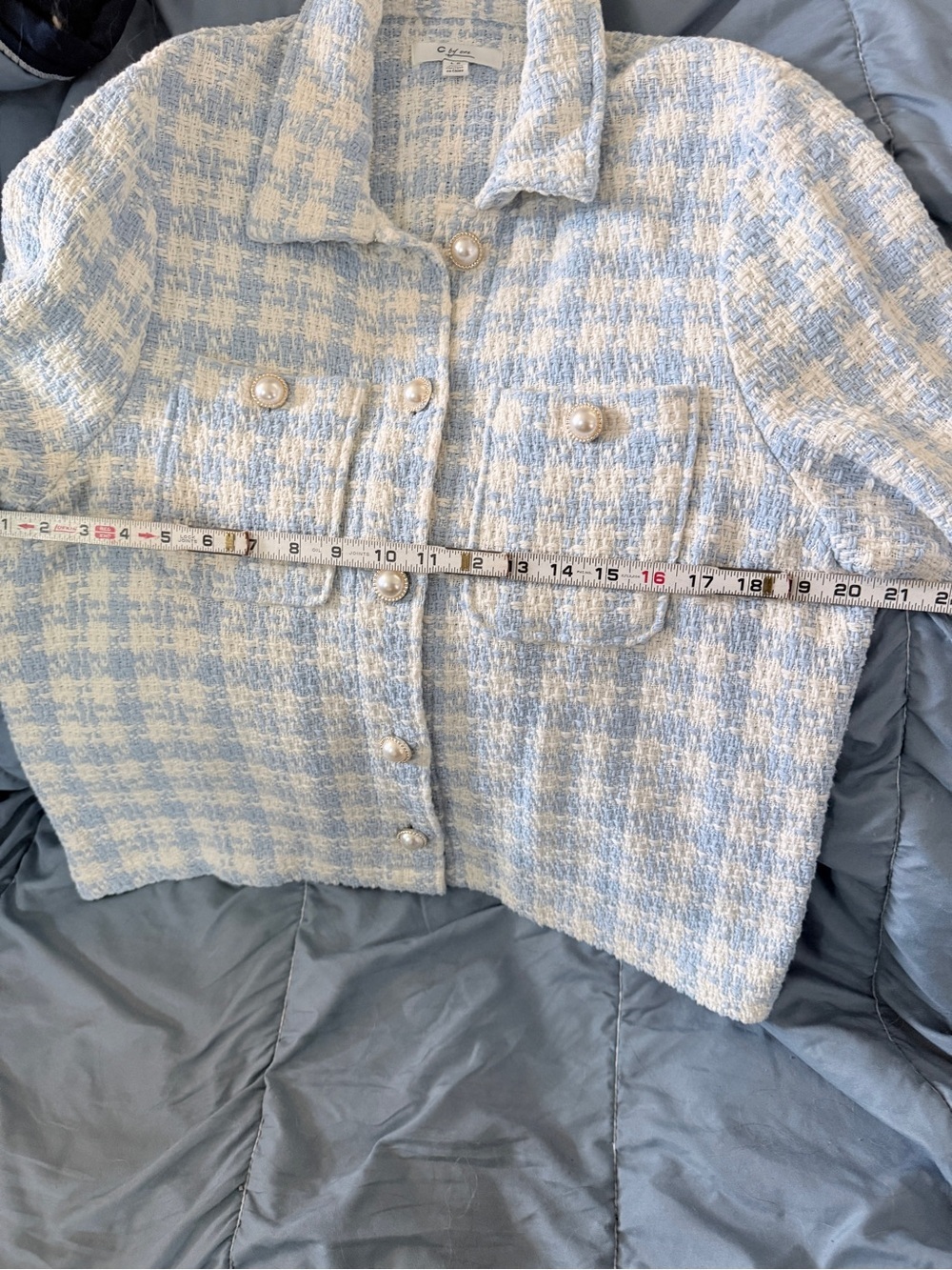 Classic Tweed Women's Jacket in Light Blue and Cream - Picture 13 of 13